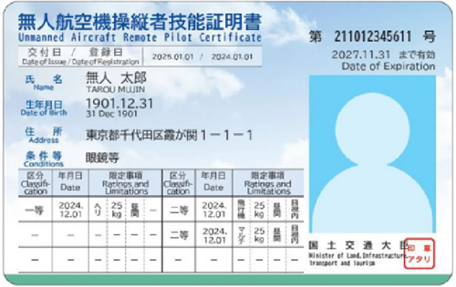 無人航空機操縦者技能証明書のサンプル画像